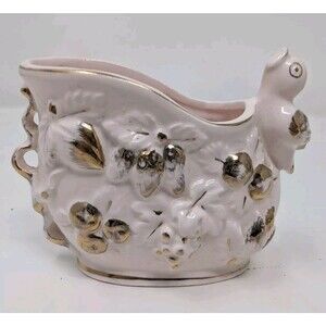 Vintage Bird Planter Vase Pink Gold Fruit Leaves Bows Dish Japan Kitschy Decor